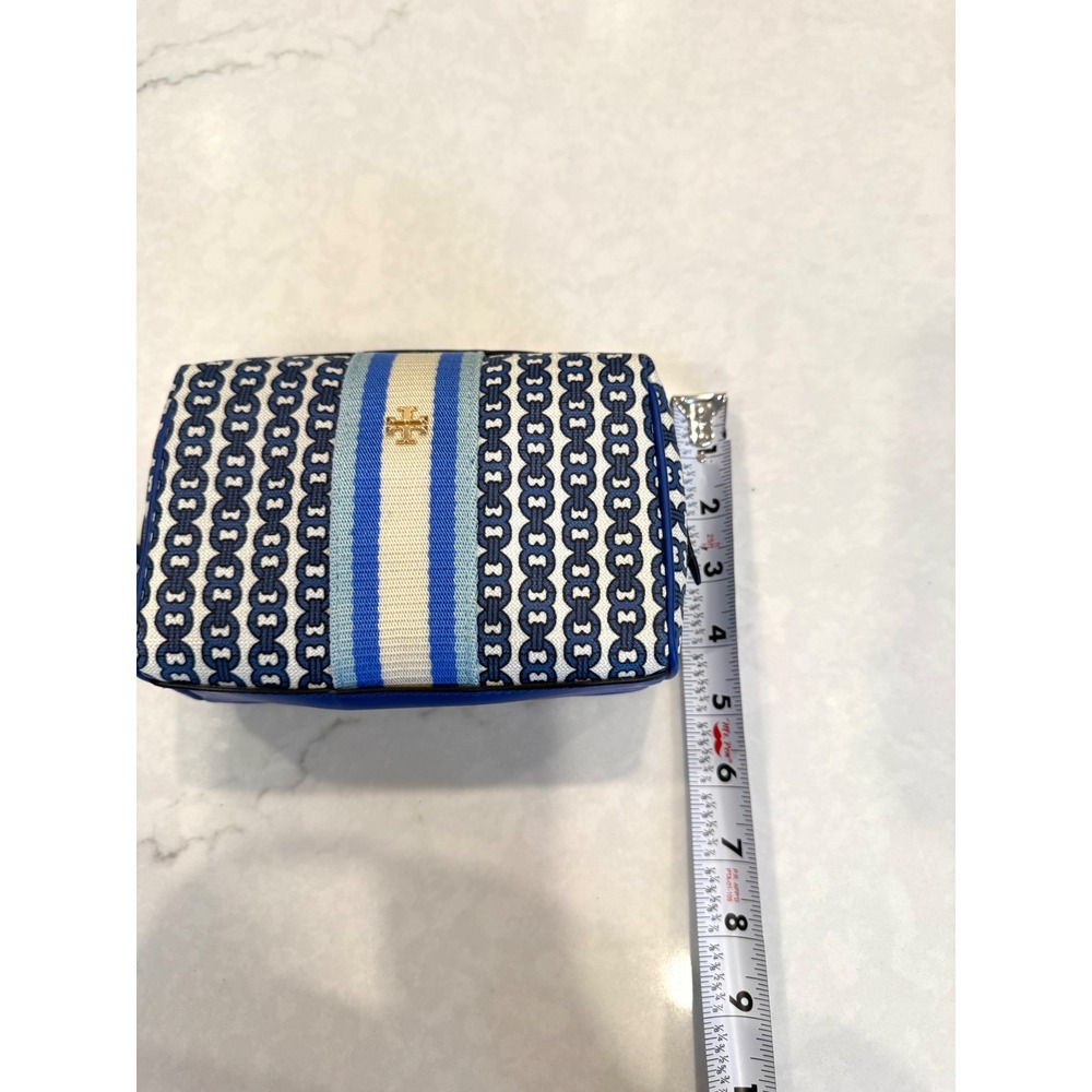 NWT Tory Burch Gemini Link Canvas Small Cosmetic Case Blue Stripe Makeup Bag - Picture 2 of 10